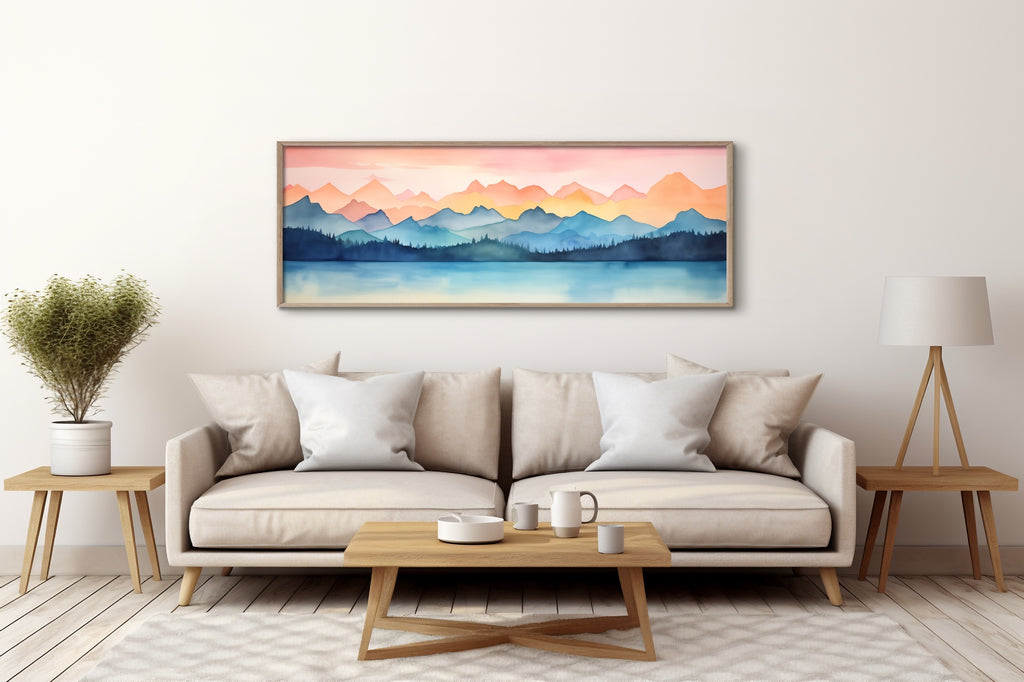 A panoramic landscape art print in blue and pink. 