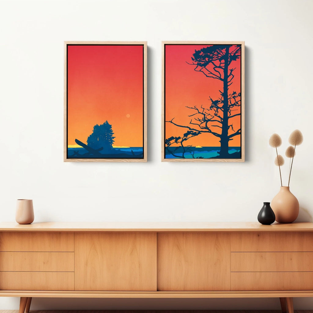 A set of two of art prints featuring an Oregon beach scene and a beautiful west coast sunset.