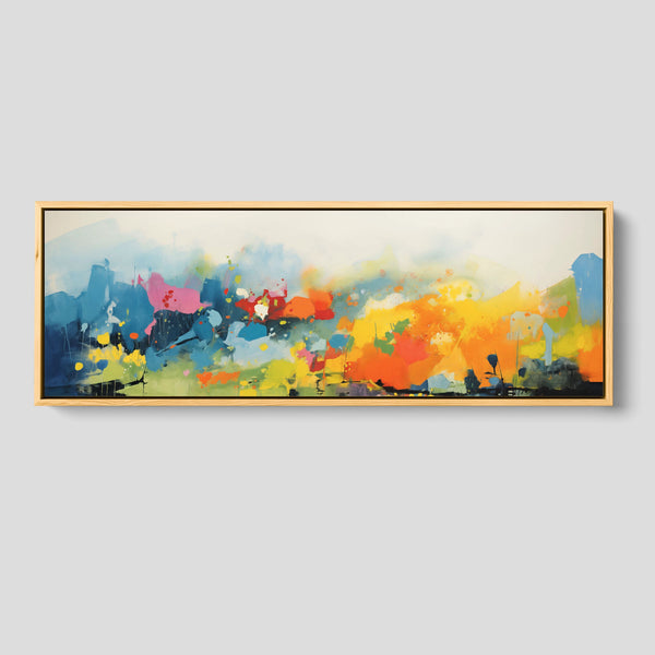 An extra wide colorful abstract canvas art.