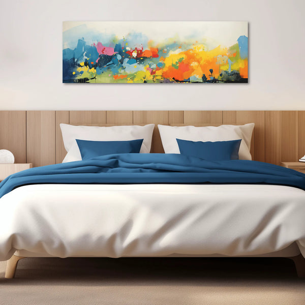 A horizontal contemporary abstract artwork in vibrant colors.