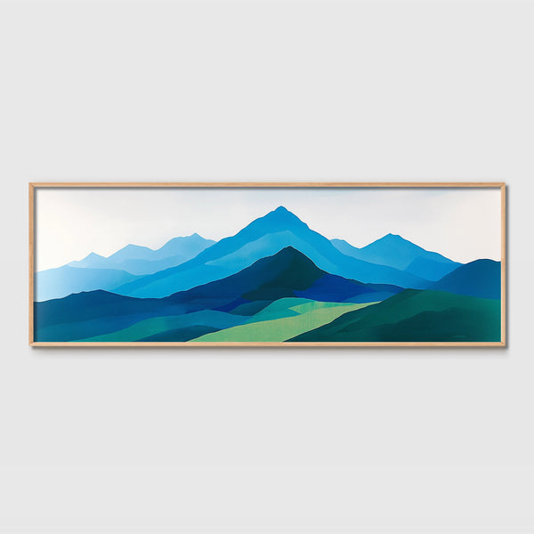 A green and blue nature art showcases a sweeping mountain view with bold, simplified shapes and a calming palette. 