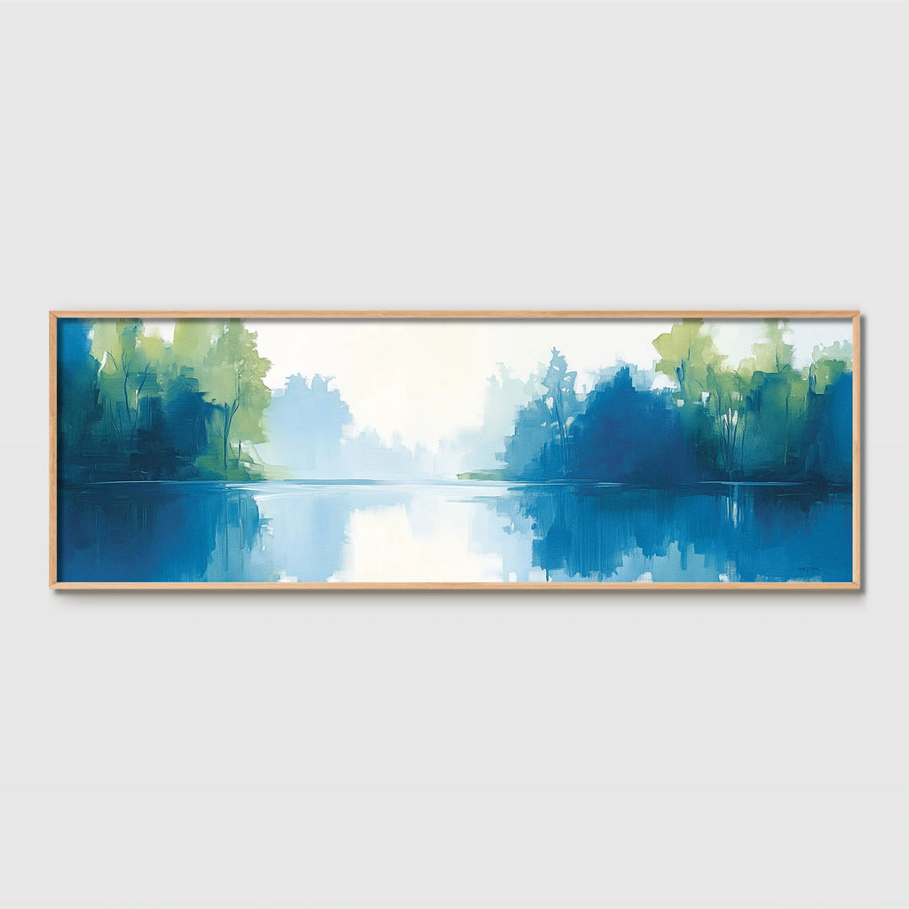 A long minimal nature painting in blue and green.