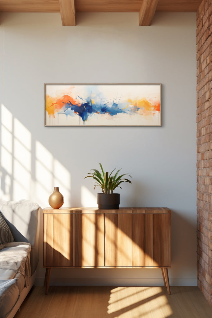 A horizontal modern abstract painting on stretched canvas.