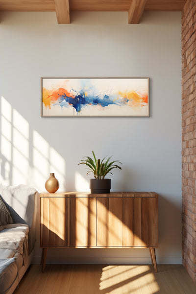 A horizontal modern abstract painting on stretched canvas.