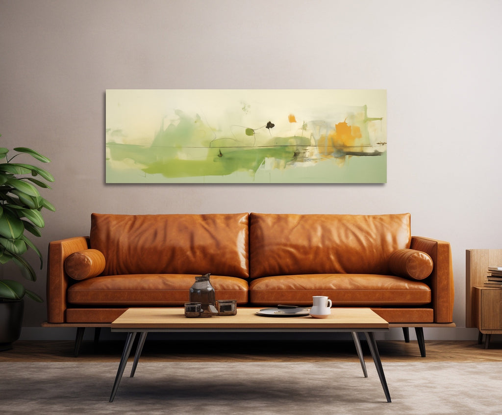 An extra long horizontal minimalist abstract wall art print in light green.