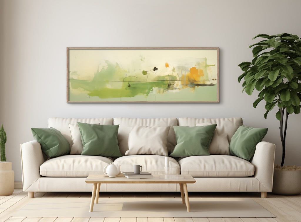 A huge abstract painting in shades of green and splashes of gold.