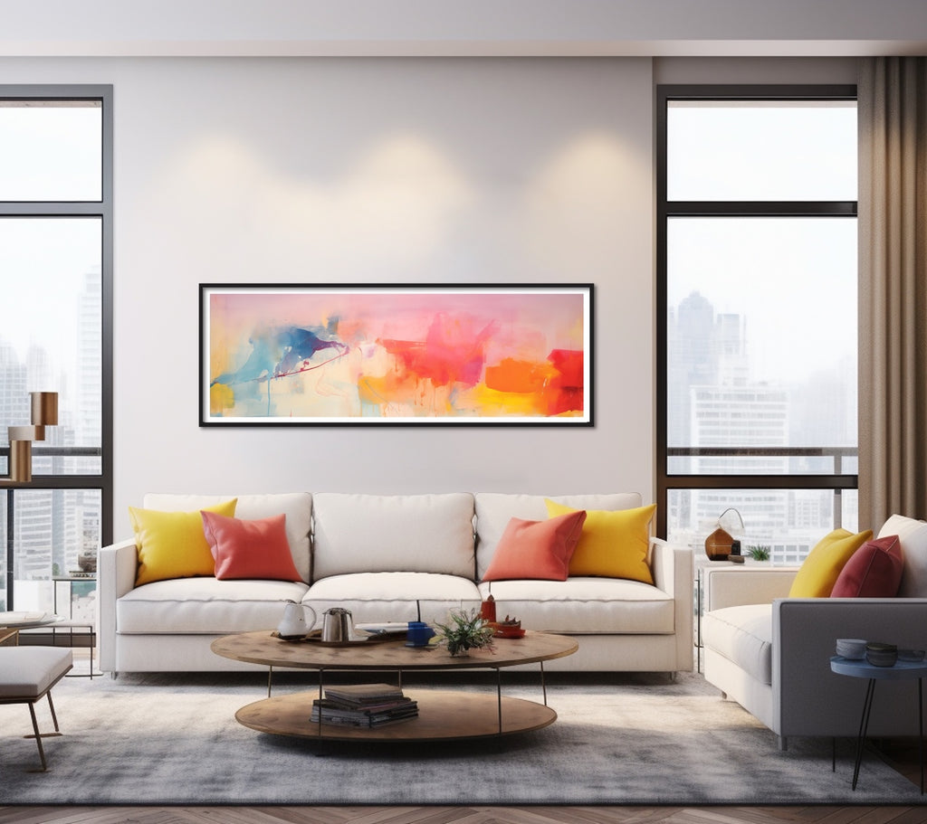 A long vibrant artwork in pink, yellow and blue.