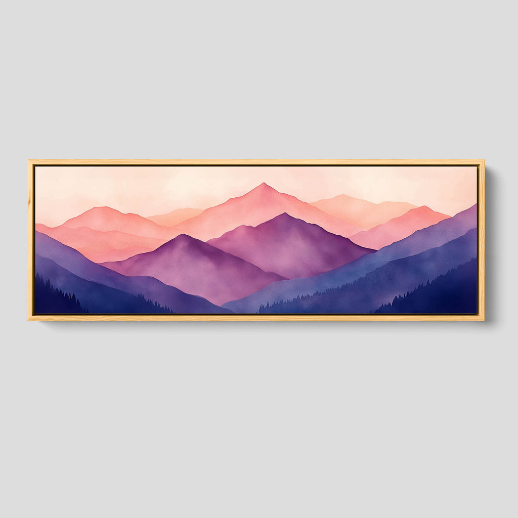 A warm mountain wall art features soft watercolor brushstrokes in earthy tones.
