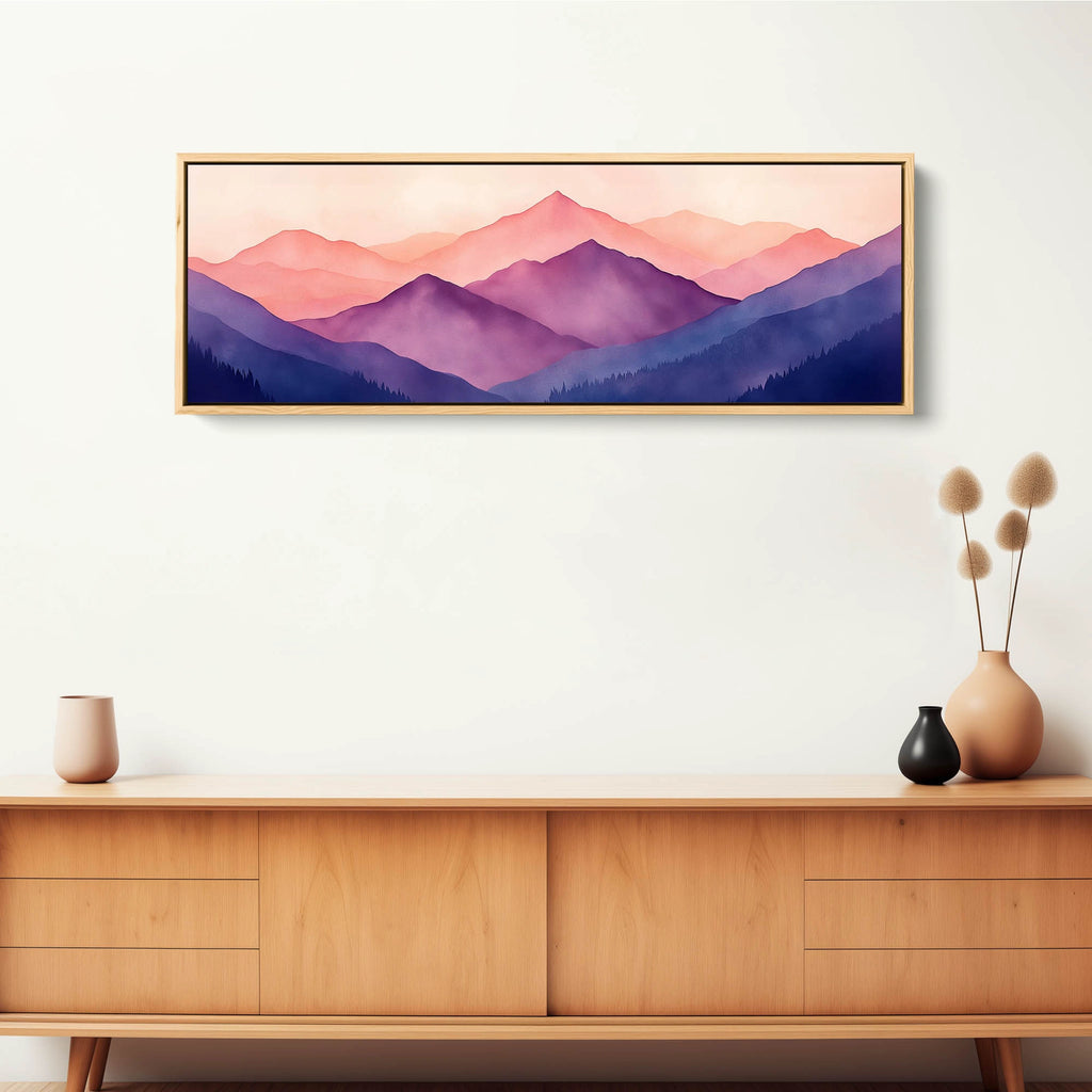 A horizontal watercolor landscape canvas art in purple and blue.