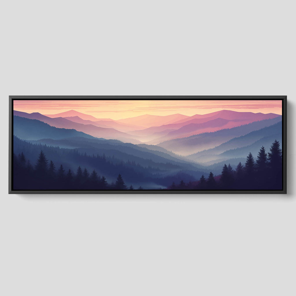 An extra long landscape artwork in blue and purple.