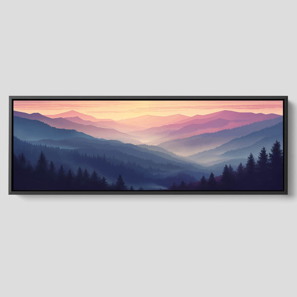 An extra long landscape artwork in blue and purple.