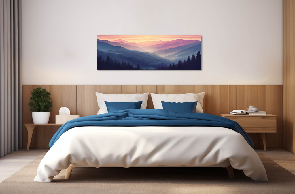 A huge minimalist misty mountain print in soft blues and purples.