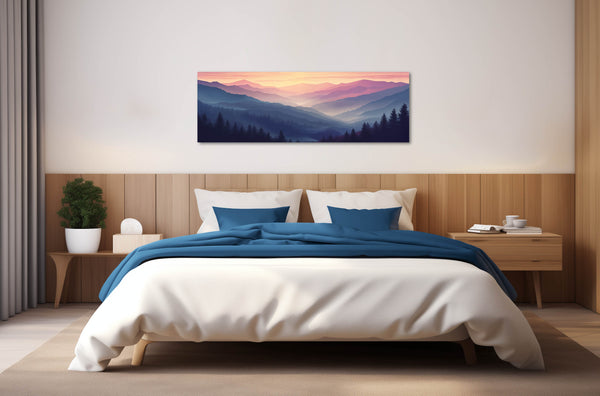 A huge minimalist misty mountain print in soft blues and purples.