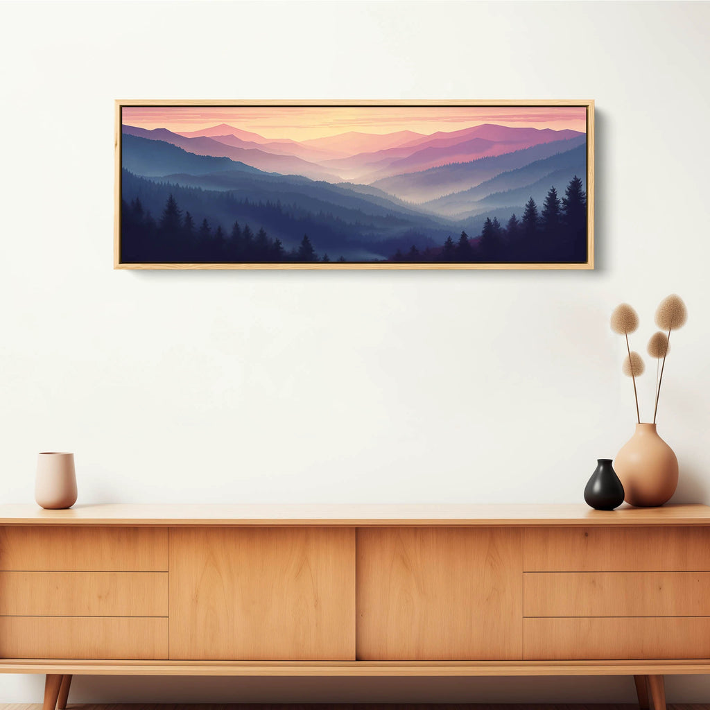 A wide peaceful mountain artwork on canvas.
