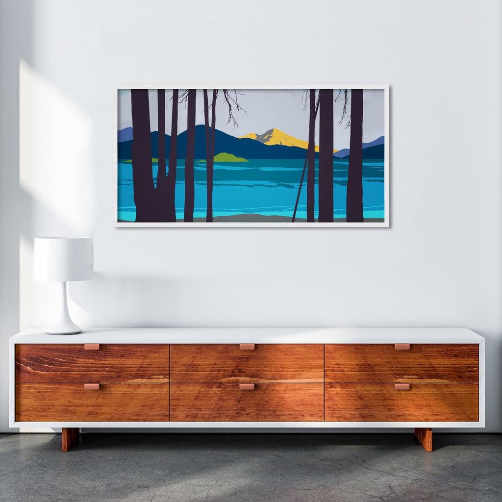 Abstract Mount Shasta Landscape Art Print in Blue and Gold.