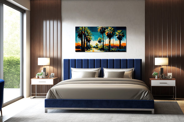 A vibrant horizontal palm tree art print in mid century colors.