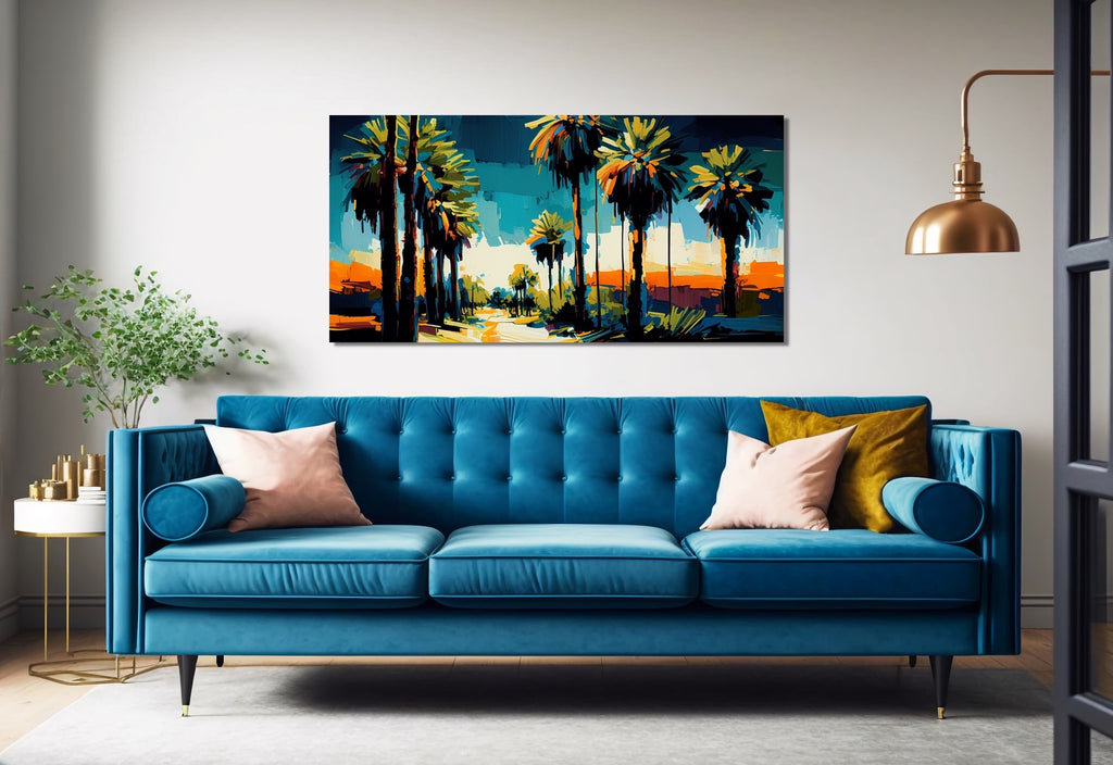 A large colorful mid century modern California wall art featuring palm trees. 
