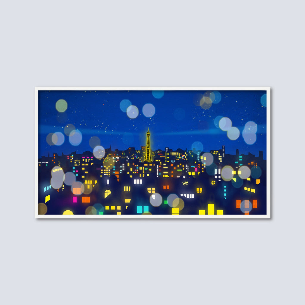 Starry Night in Paris Art Print featuring Eiffel Tower and city lights.
