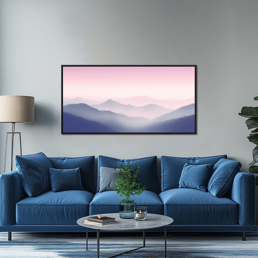 A framed peaceful mountain artwork in pastel colors.