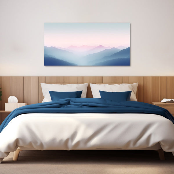 A large mountain landscape wall art in pastel colors.