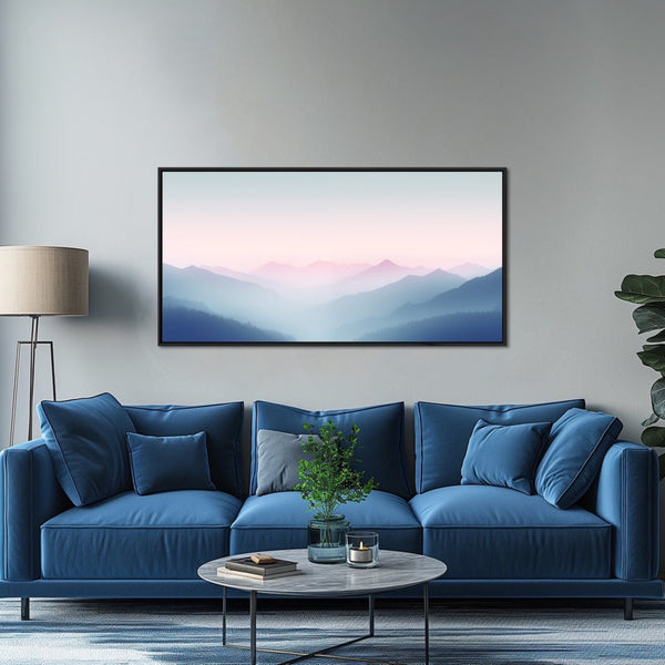 A modern tranquil nature canvas artwork in blue and pink.