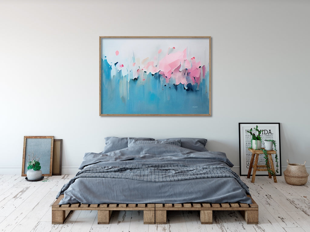 A modern abstract canvas art print in pastel colors.