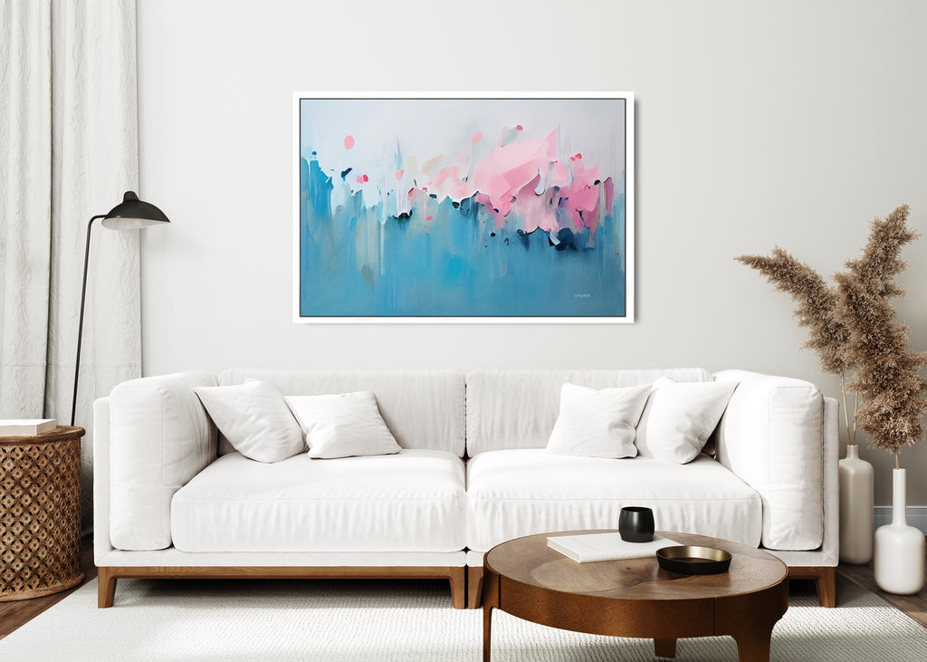 A large delicate abstract painting on stretched canvas.