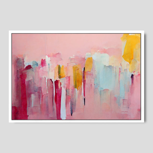 A large modern abstract painting in pink.