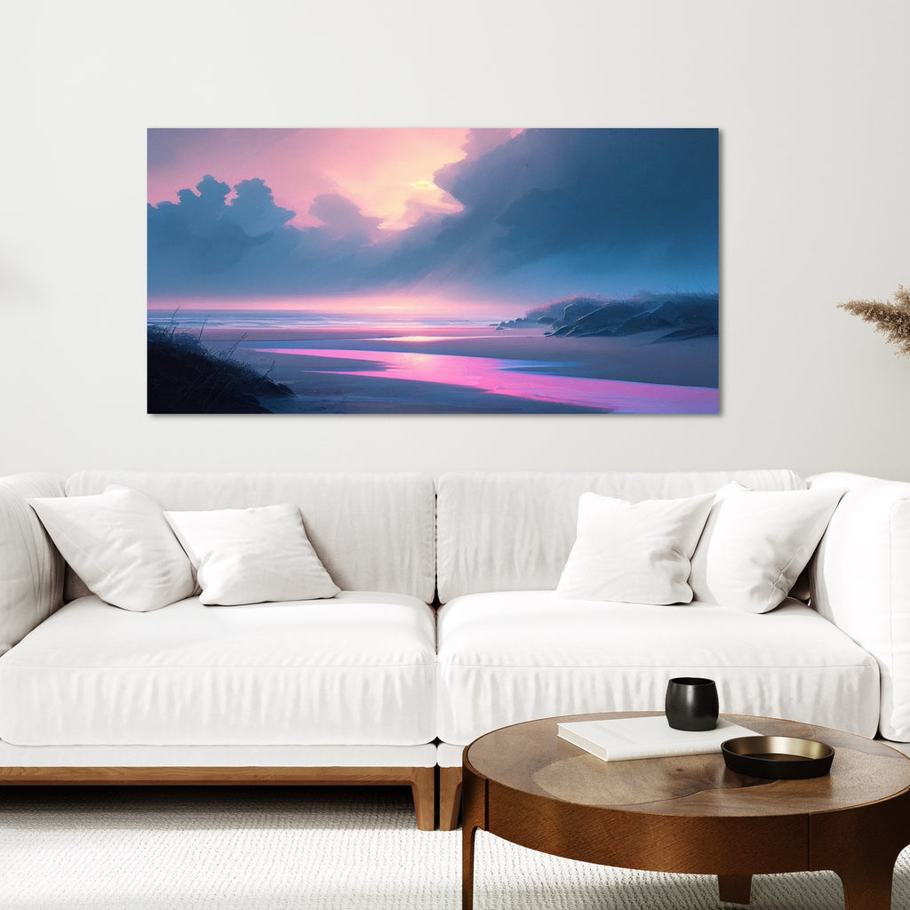 A framed coastal landscape art print in pink and blue. 