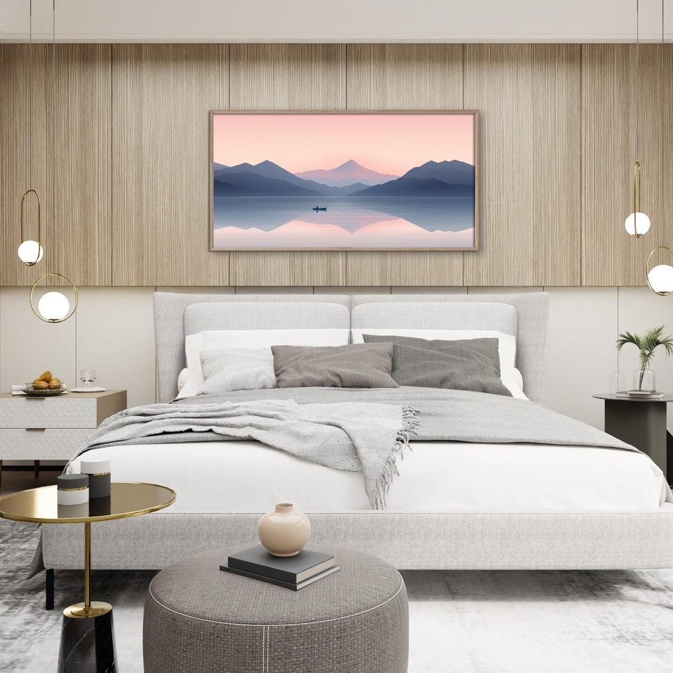 A huge horizontal scenery artwork in pink and blue. 