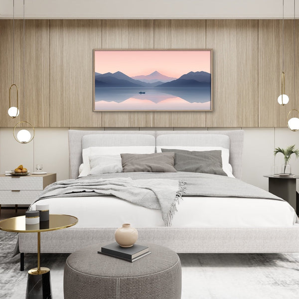 A huge horizontal scenery artwork in pink and blue. 