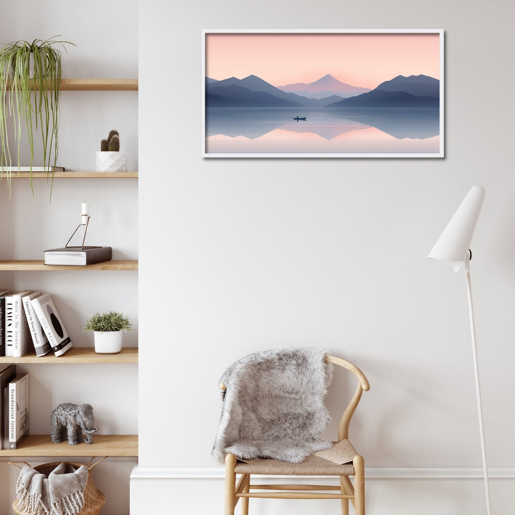 Tranquil Lake Landscape Canvas Print in Soft Blush and Blue.