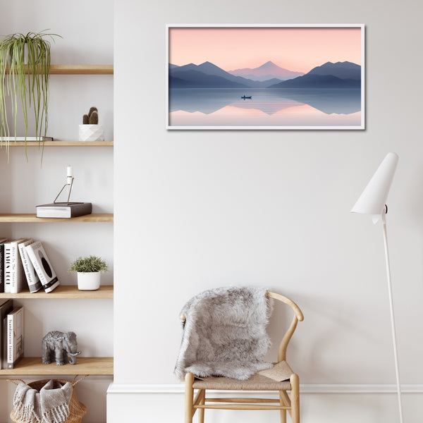 Tranquil Lake Landscape Canvas Print in Soft Blush and Blue.
