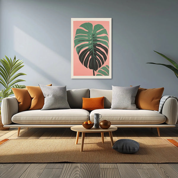 A vertical botanical artwork in green and pink.