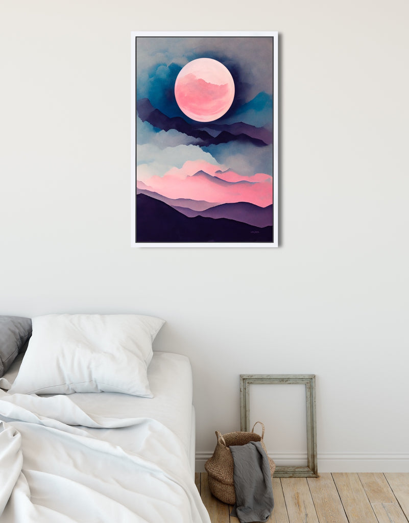 A watercolor moon landscape wall art.