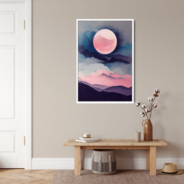A pink moon rises above misty mountains canvas artwork. 