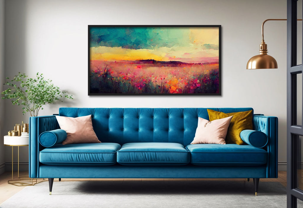 A large floral landscape art print featuring a field of flowers in spring.