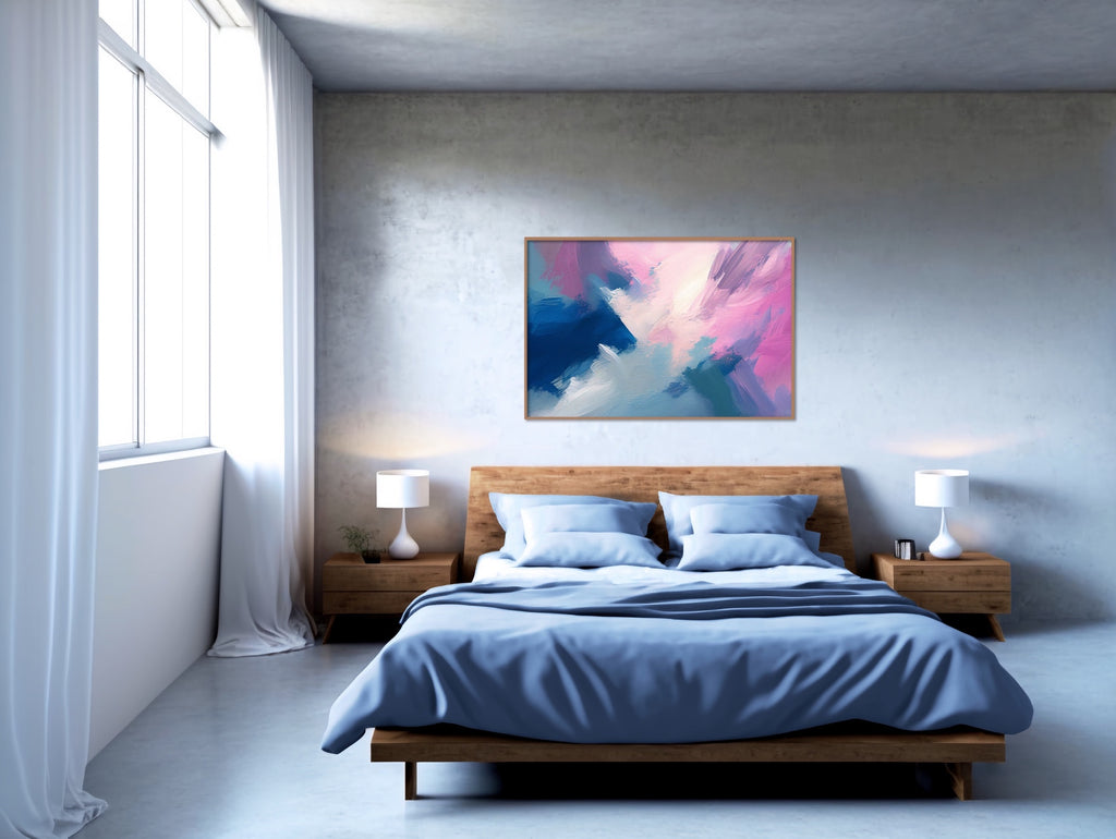 Contemporary abstract painting in blue and pink.