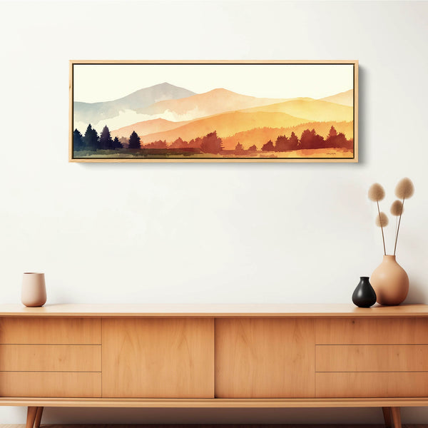 A long mountain scenery artwork on fine art paper or gallery stretched canvas.