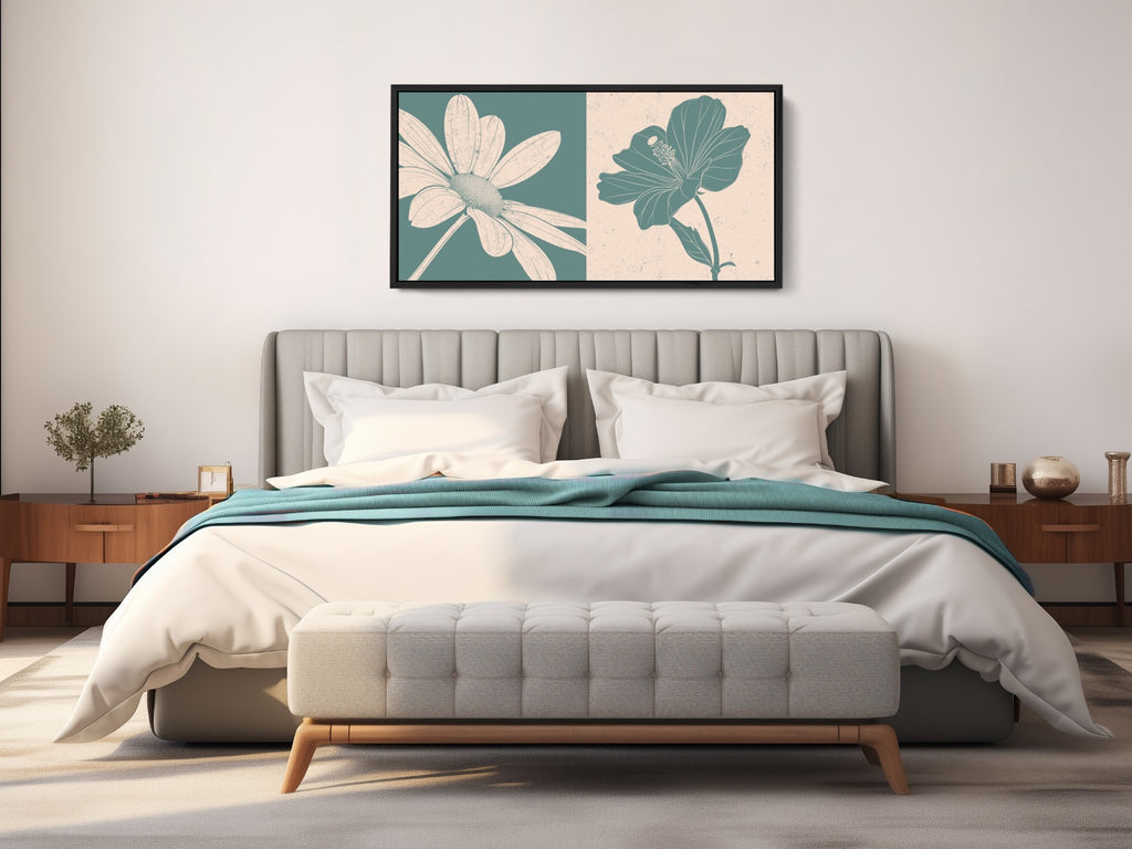 A large botanical artwork in sage green.