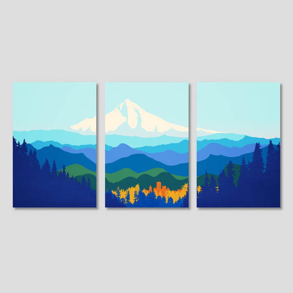 Set of 3 Abstract Mt Hood Art Prints featuring Portland with the backdrop of the iconic mountain.