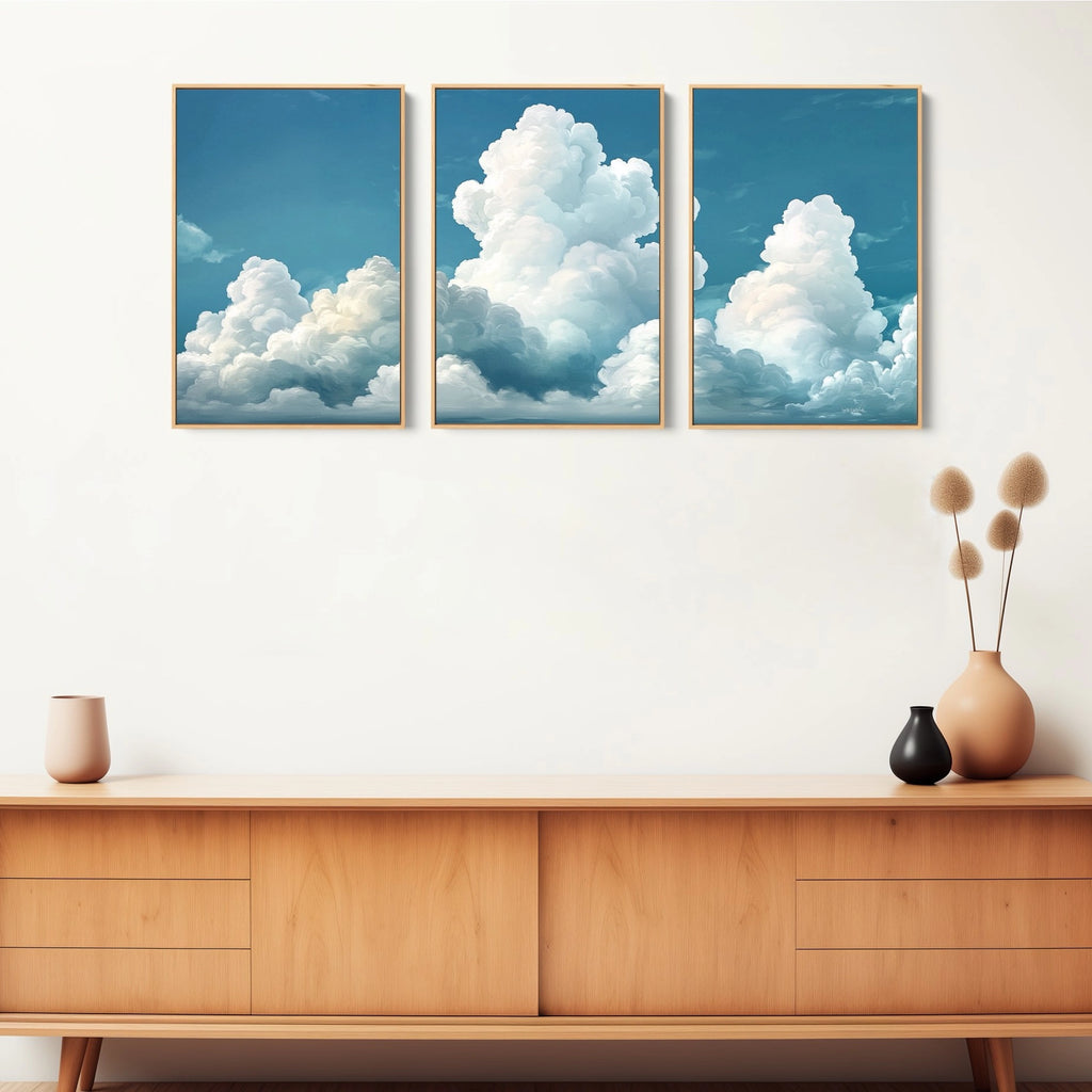 Set of Three Prints for Home Decor Featuring White Clouds.