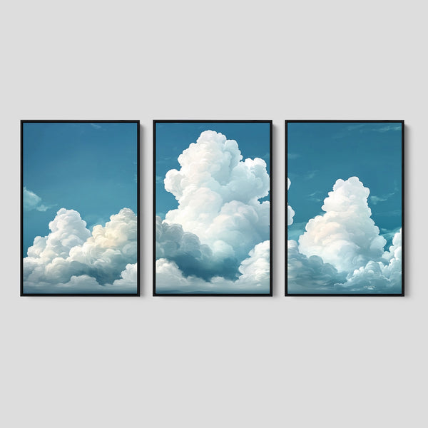White Puffy Clouds Art Prints – Set of Three Prints for Home Decor