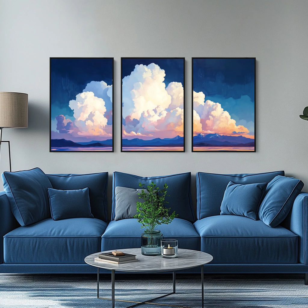 A cloudscape prints print set in blue, white and pink.