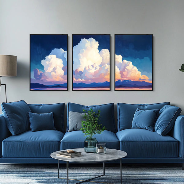 A cloudscape prints print set in blue, white and pink.