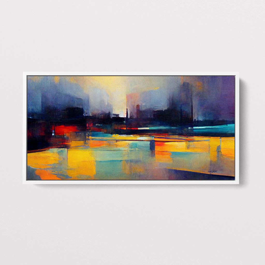 A large, vibrant abstract artwork on canvas.