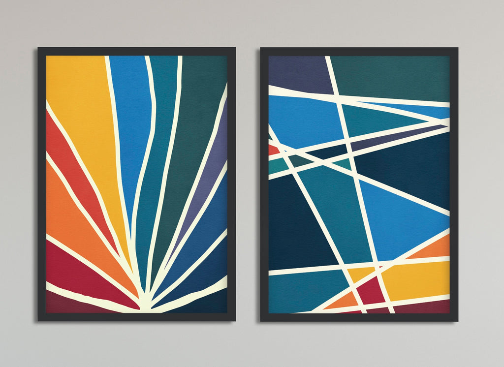 2 Piece Abstract MCM wall art set in vibrant colors.