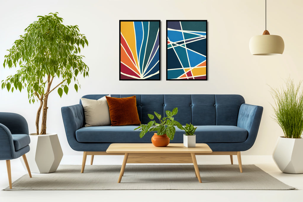 A set of two vibrant mid century abstract prints in rainbow of colors.