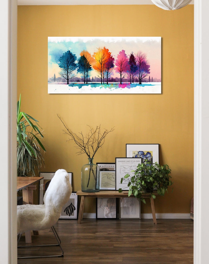 A modern colorful watercolor trees landscape canvas art print.