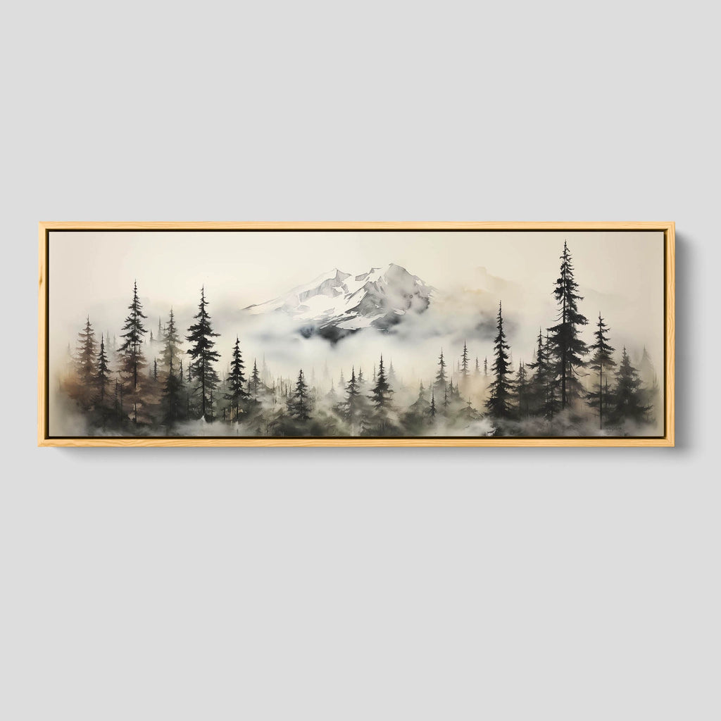 A calming mountain wall art piece in neutral colors.